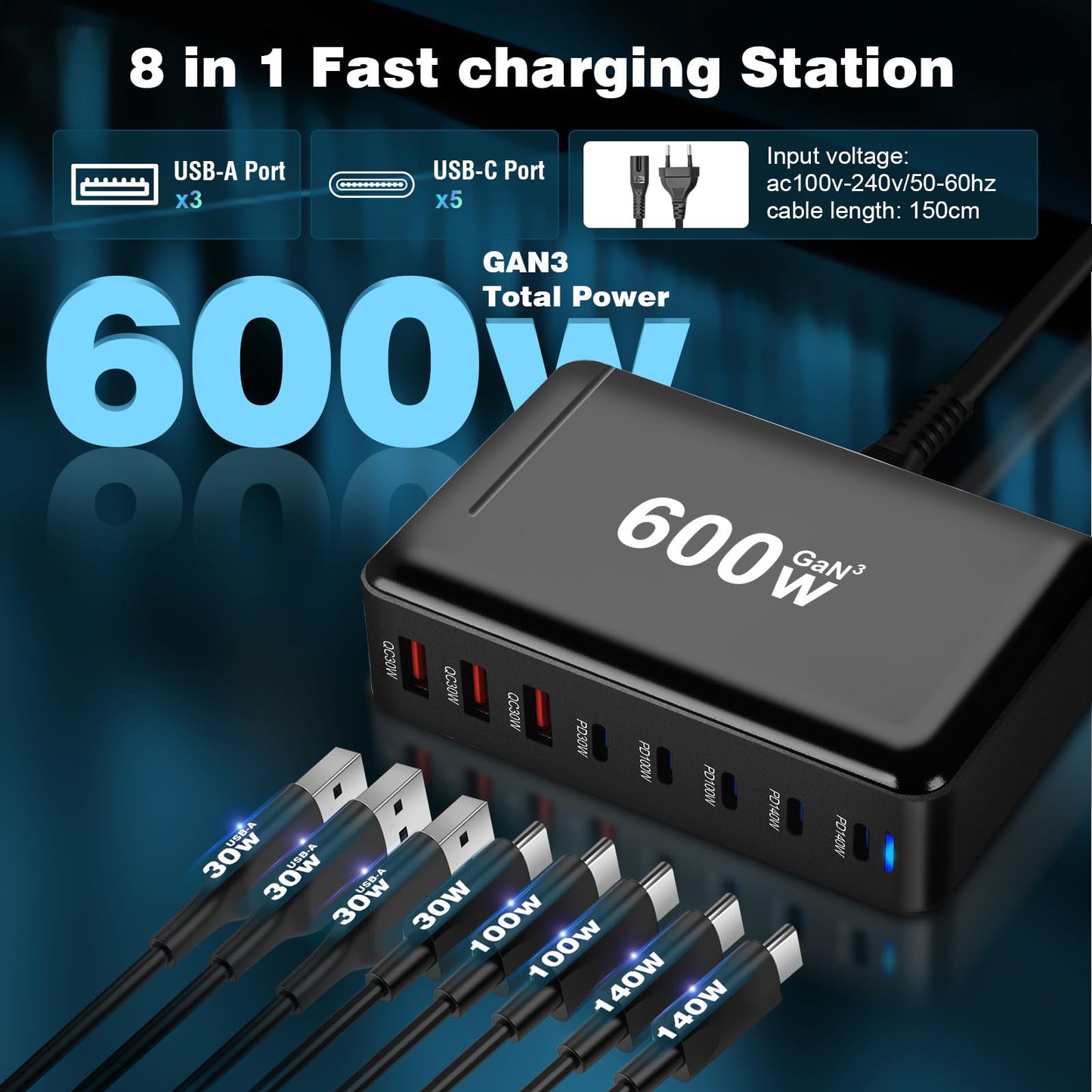 600W Chargeur USB C,8 Ports Multiple GaN Chargeur Secteur avec 5 USB-C et 3 USB-A,Chargeur Rapide Station de Charge Adaptateur Compatible avec MacBook Pro/Air Laptop,iPhone,iPad Pro,Galaxy,SteamDeck