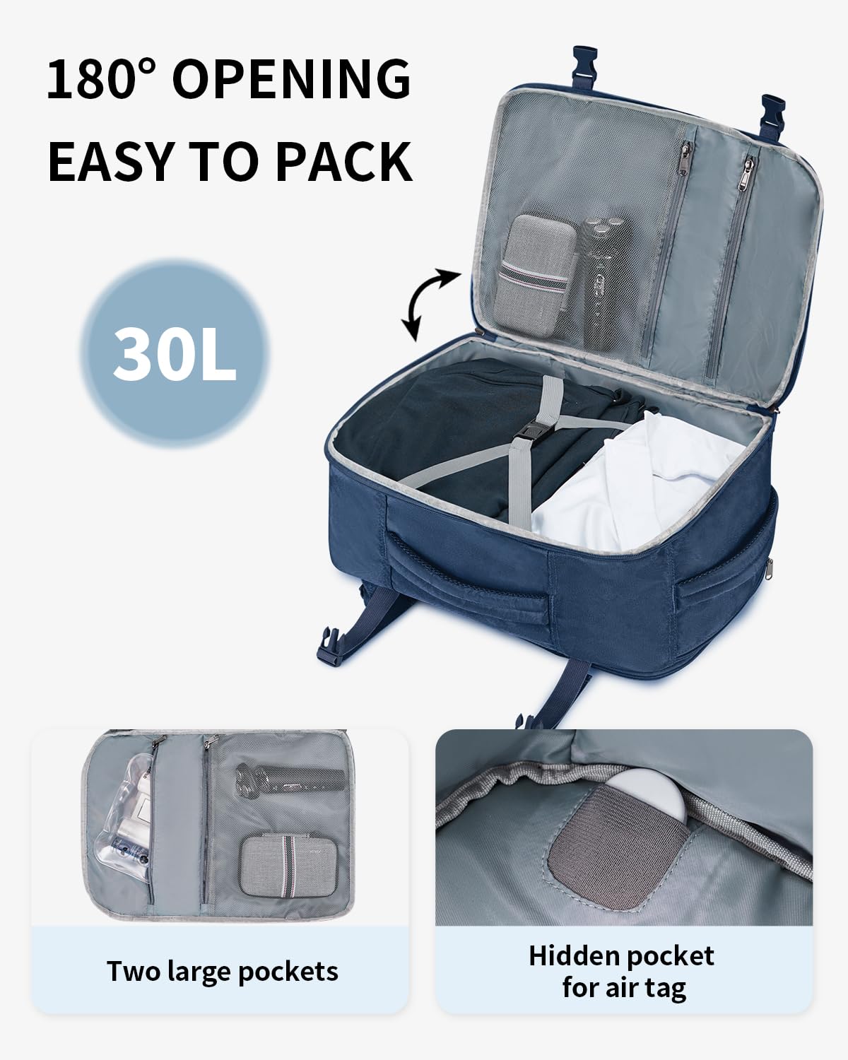 ECOHUB Bagage Cabine 45x36x20 Easyjet Sac A Dos Sac De Voyage 13 Poches Sac Cabine Avion Valise Cabine avec Port De Charge USB Recyclable Pet Ecologique Valise à Main Imperméable（Bleu）