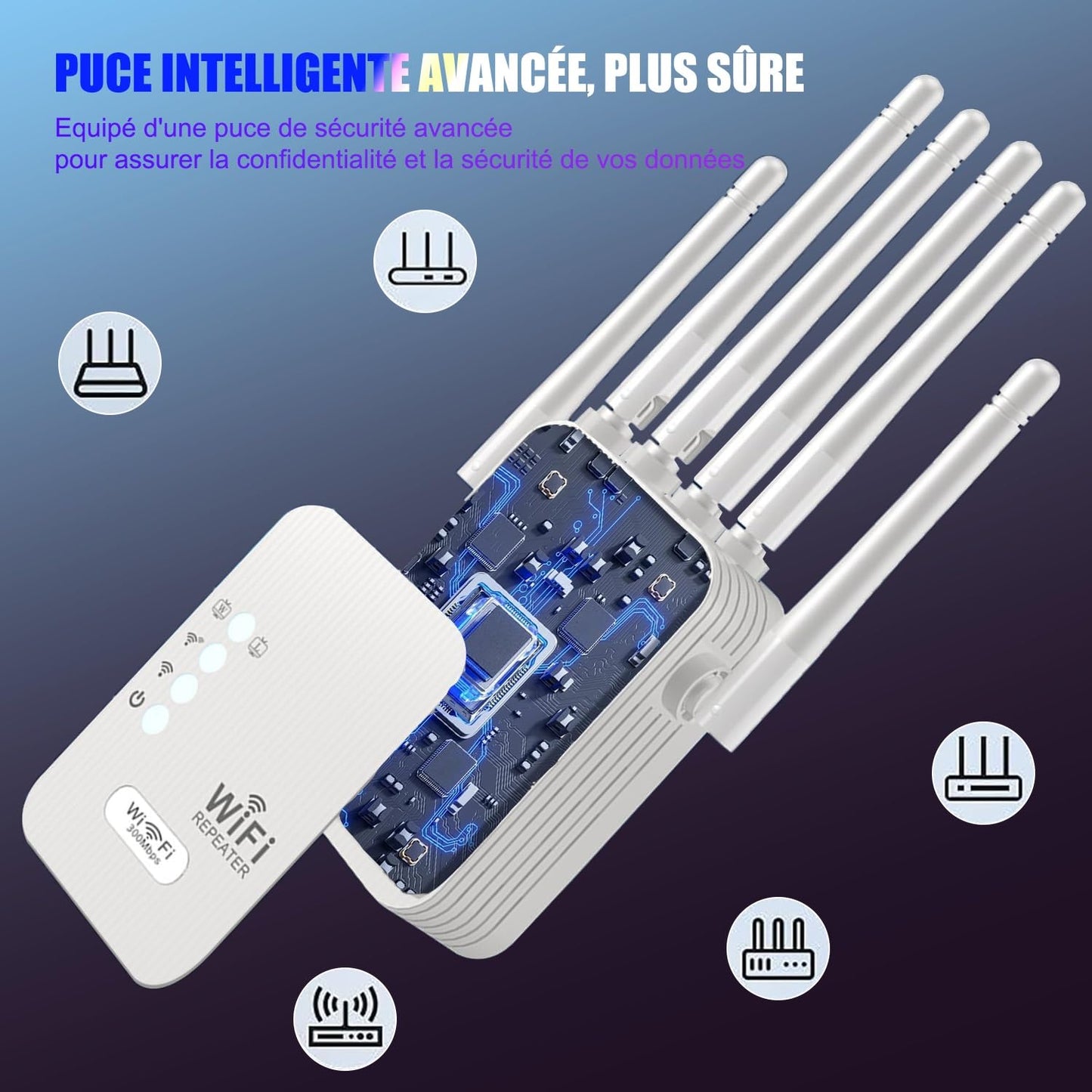 Répéteur WiFi Exterieur, 2024 Nouveau Amplificateur WiFi 6 antennes, Répéteur WiFi Puissant sans Fil Double Bande 5GHz & 2.4GHz WiFi Extender, Compatible avec Toutes Les Box Internet Ethernet Port