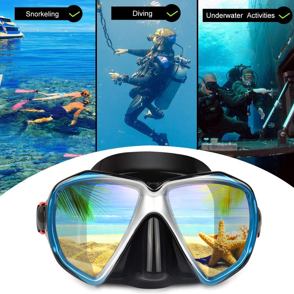 Masque de plongée en apnée, Masque de Natation panoramique HD, Lunettes trempées Anti-buée, Lunettes de plongée, Masque de plongée en apnée pour la plongée en apnée à Sec, Natation (Blue)