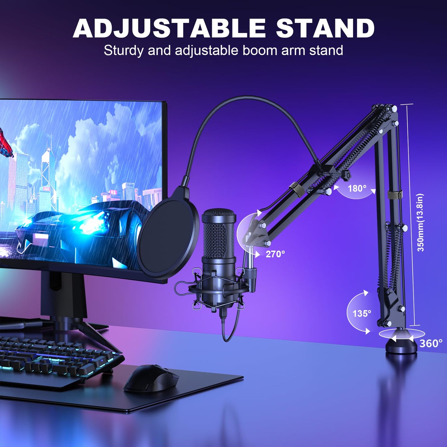 Aokeo AK-60 Professional Studio Diffusion en Direct Enregistrement Microphone à condensateur avec Support de Bras de Microphone, Montage Antichoc, Filtre Anti-Pop, Carte Son USB