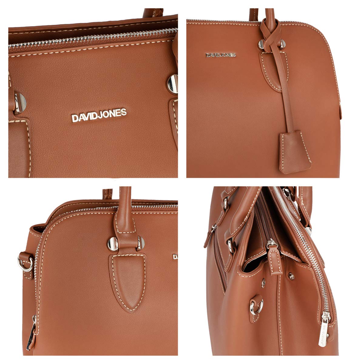 David Jones - Sac à Main Femme Bugatti - Cuir PU Porté Epaule Bandoulière - Multi Poche Plusieurs Compartiments - Travail Elégant Classique Chic Dame - Marron Camel