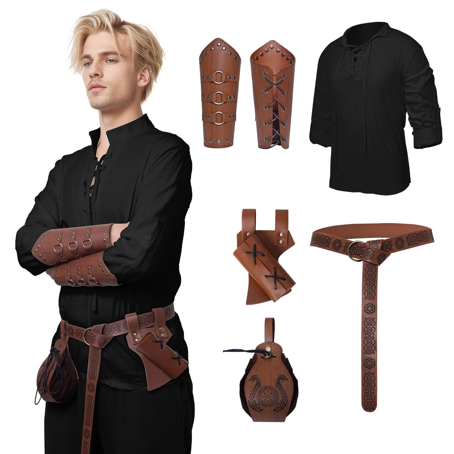 YRTBGD Lot de 5 vêtements médiévaux pour homme - Costume Renaissance Viking - Chemise médiévale avec ceinture de chevalier steampunk - Sac banane - Épée - Grenouille - Pour Halloween (noir, M)