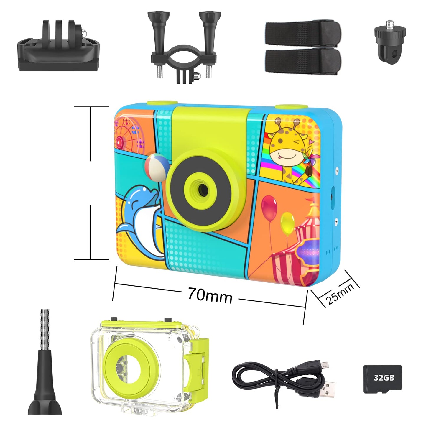 Appareil Photo Enfant Étanche, Rotative à 180° Appareil Photo Numérique pour Enfants,12M/1080P Caméra Vidéo d'action sous-Marine Enfants avec Carte SD 32GB pour 3-12 Ans Filles & Garçons Cadeau-Bleu