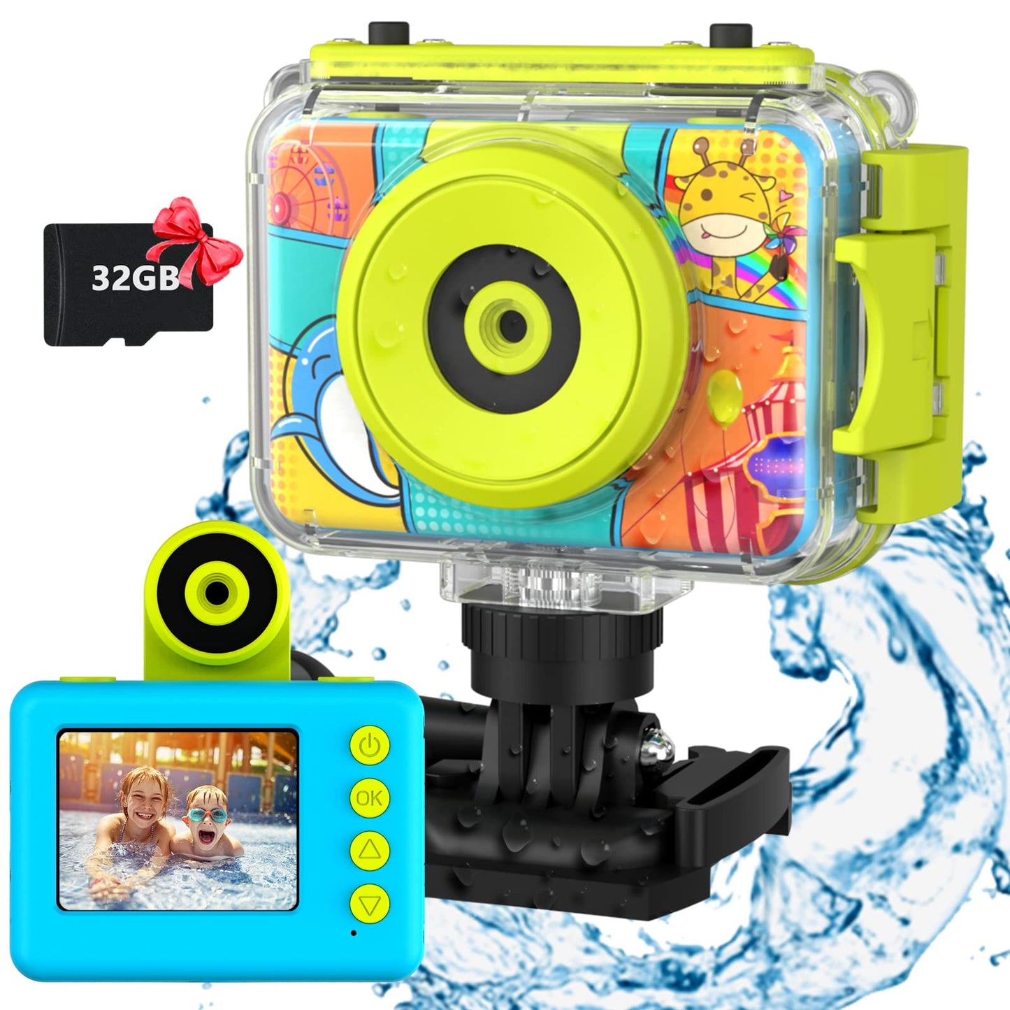 Appareil Photo Enfant Étanche, Rotative à 180° Appareil Photo Numérique pour Enfants,12M/1080P Caméra Vidéo d'action sous-Marine Enfants avec Carte SD 32GB pour 3-12 Ans Filles & Garçons Cadeau-Bleu