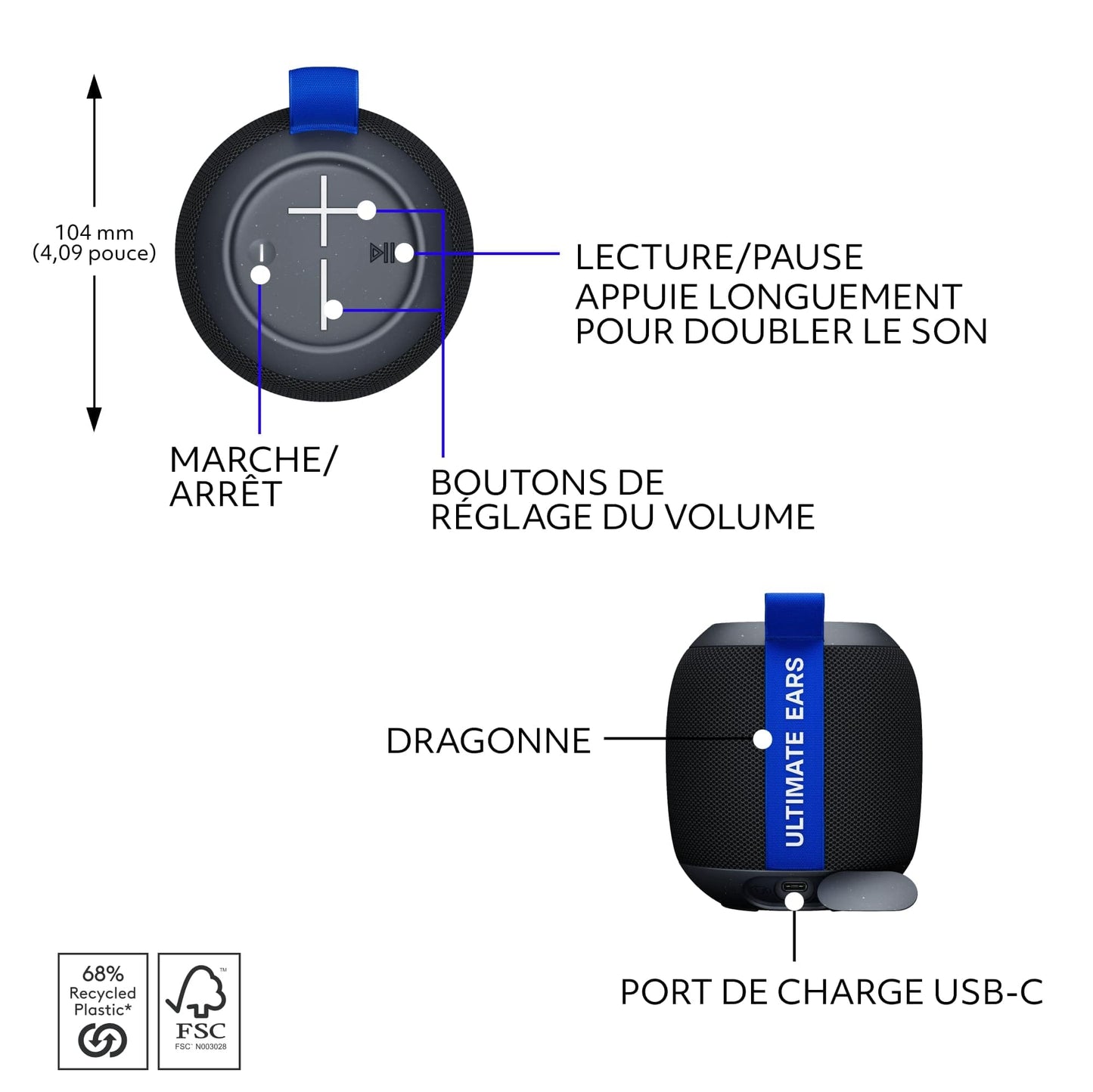 Ultimate Ears WONDERBOOM Play, Enceinte Bluetooth Portable et étanche, Enceinte Flottante étanche à la poussière d’Une portée de 40 m - Noir