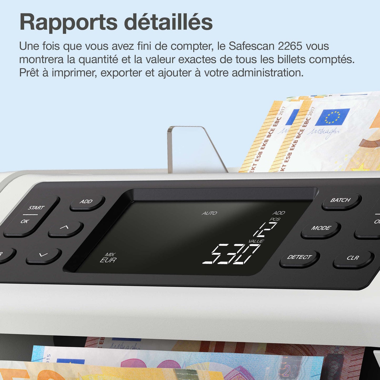 Safescan 2265 compteuse de billets pour les billets mélangés euro et livre sterling - Compteur de billets avec détection de faux billets sur 5 points - Compte les billets triés de toutes les devises