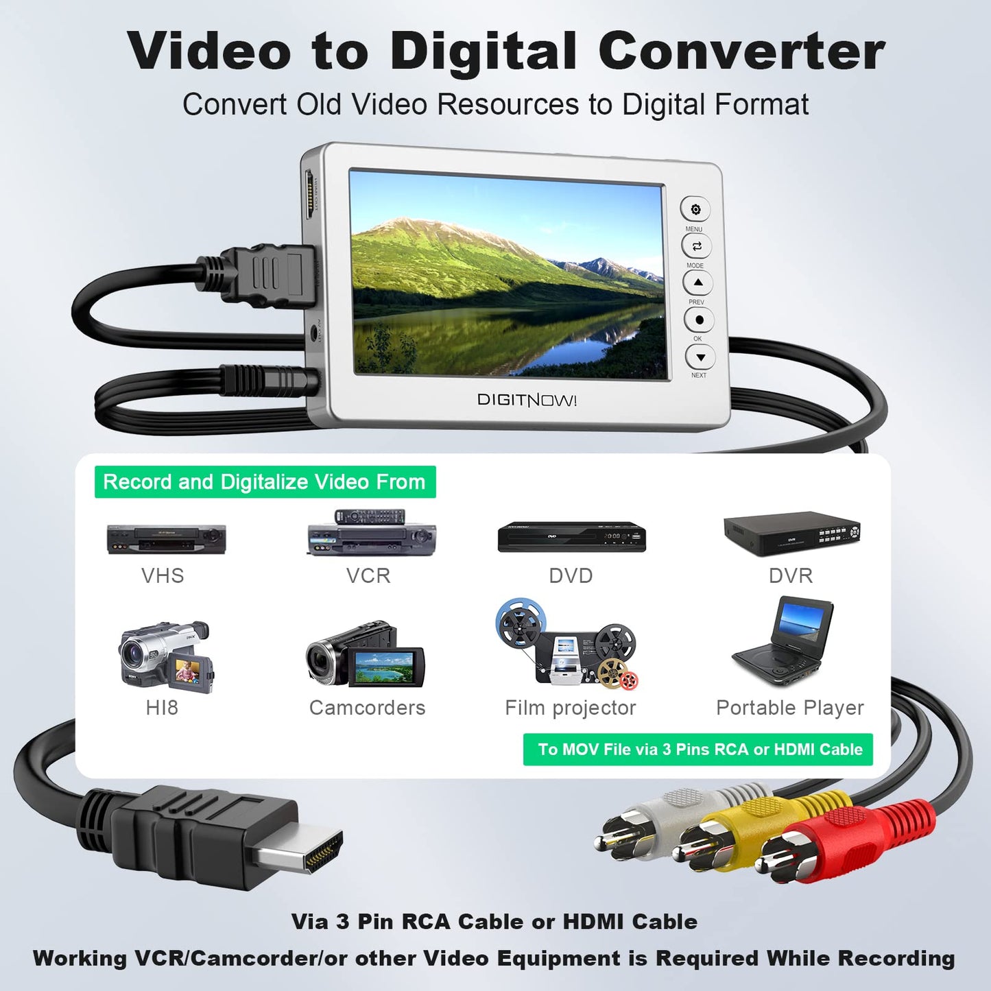 Vidéo Capture, Convertisseur vidéo USB 2.0 1080P 60FPS avec écran OLED de 5 ", Capture d'enregistreur vidéo AV HDMI à partir d'un magnétoscope, DVD, Bandes VHS, Hi8, caméscopes, systèmes de Jeu