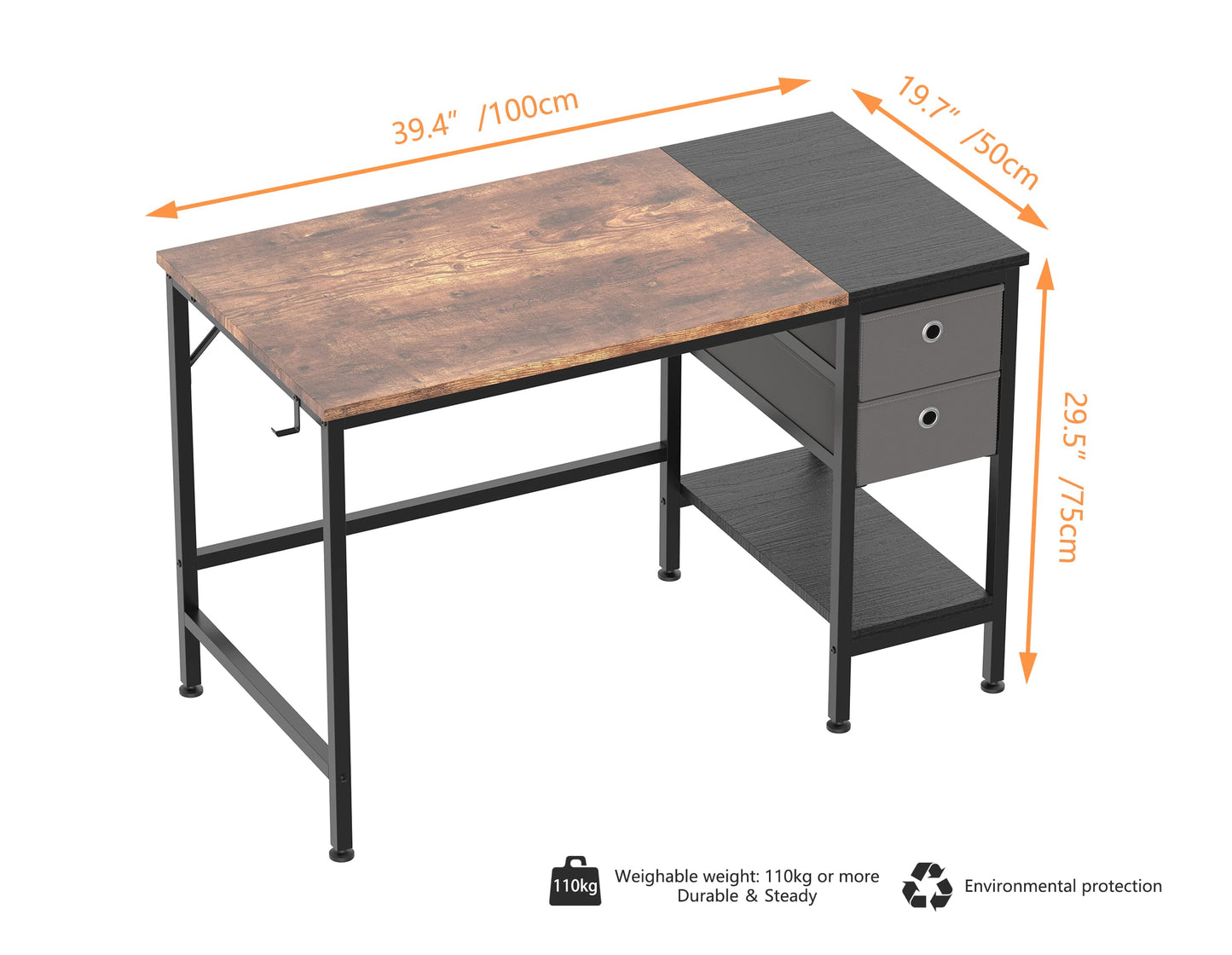 HOMIDEC Bureau d'ordinateur,Table de Bureau avec tiroirs Bureau d'écriture d'étude pour la Maison avec étagères de Rangement, Bureaux et postes de Travail pour Bureau à Domicile Chambre （100x50x75cm）