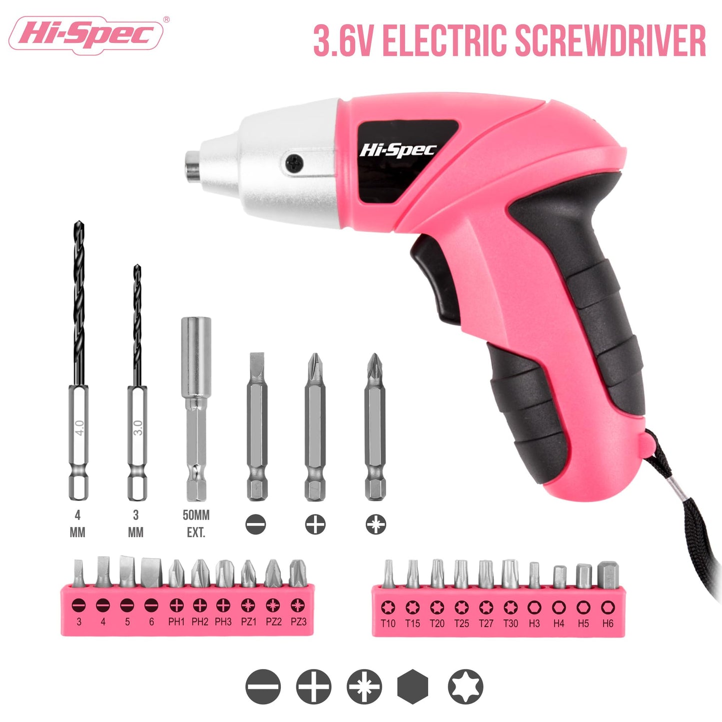 Hi-Spec Visseuse Sans Fil 3.6V Rose, Tournevis Electrique Rechargeable USB 27 Pièces, 23 Embouts,Outils Bricolage pour Maison et Bureau