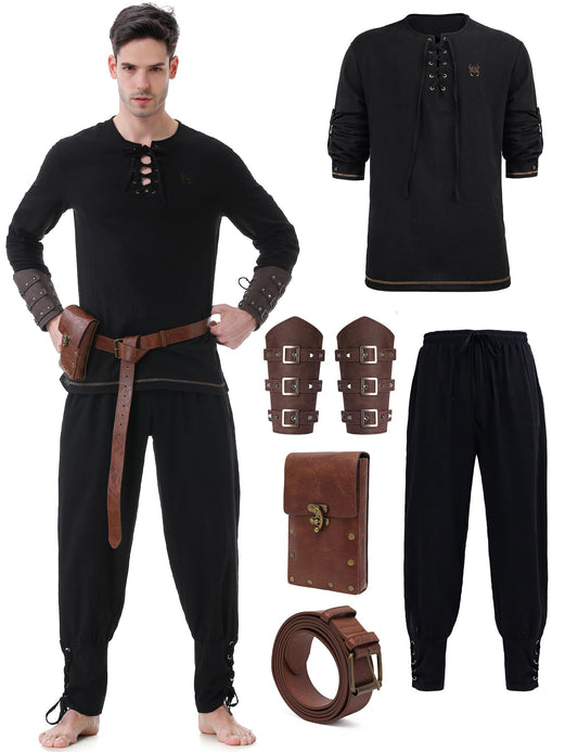 Hislovy Costume Médiéval Homme, Déguisement Médiéval de la Renaissance pour Carnavale Halloween Fête Cosplay, Noir, Grand