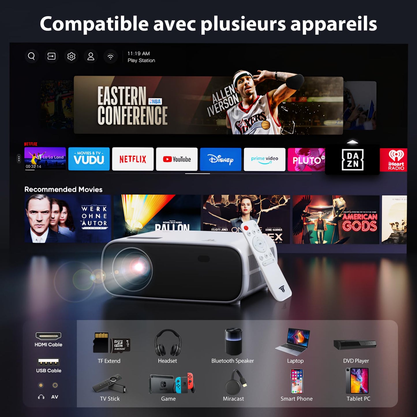 2025 Nouveau Mini projecteur, Videoprojecteur Full HD 18000 lumens, Retroprojecteur résolution 1080P, supporte la 4K, avec Bluetooth et WiFi, Compatible iOS/Android / PS5(Noir)