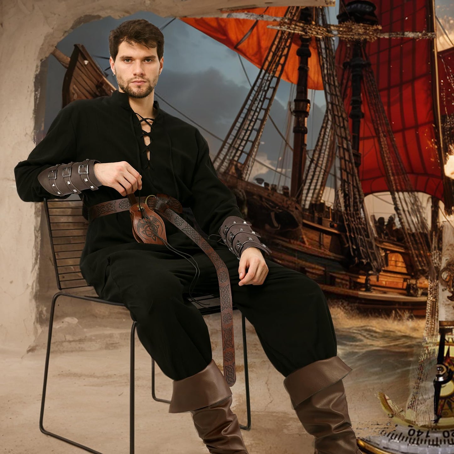 Ulikey Costume Medieval Homme, Vêtements Médiévaux Costume pour Hommes, Costumes Renaissance avec Chemise de Pirate Médiévale, Pantalon Médiéval Accessoire pour Homme (Noir, S)