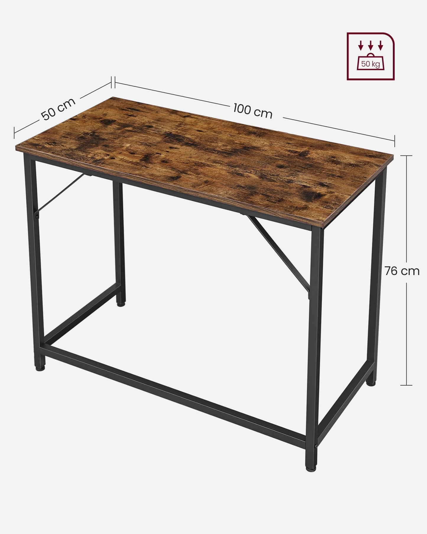 VASAGLE Bureau, Table, Poste de Travail, pour Bureau, Chambre, 50 x 100 x 76 cm, Style Industriel, Cadre en Métal, Marron Rustique et Noir d'Encre LWD41X