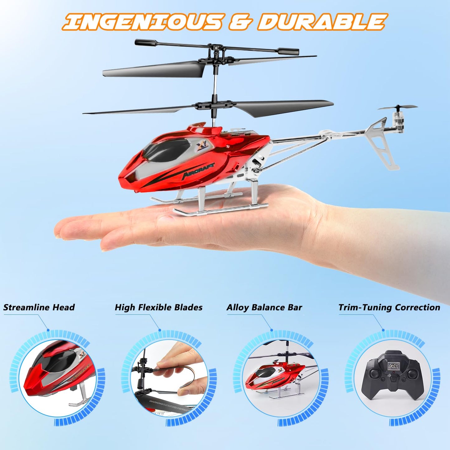 TERRAMUS Hélicoptère RC, Hélicoptère Télécommandé 2.4G avec Lumière LED, à Maintien d'altitude avec Gyroscope, Décollage par Une Seule Touche, Avions d'intérieur pour Les Enfants Adulte