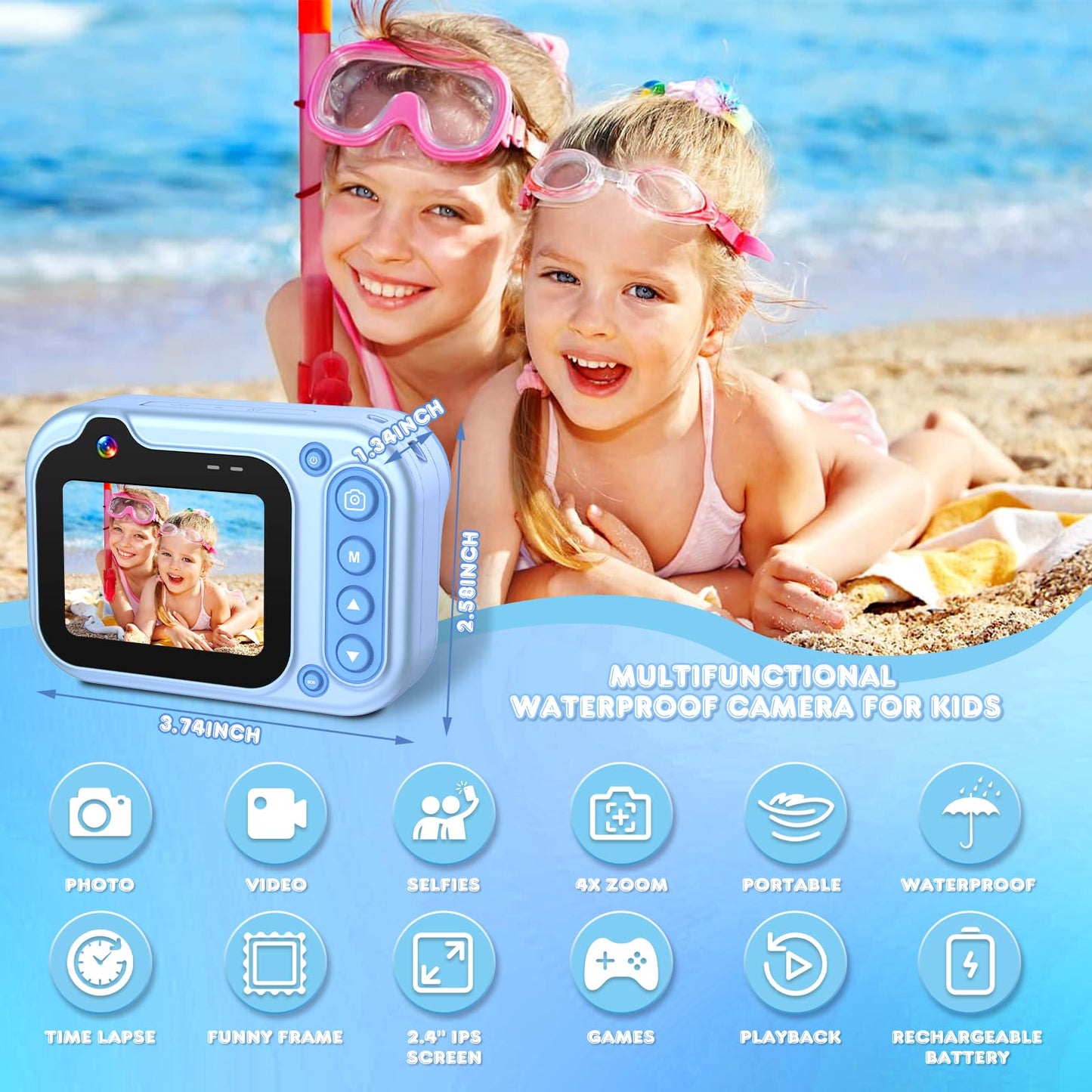 Appareil Photo pour Enfant Caméra étanche sous Marin Etanche 12MP 1080P Video Camera Waterproof Camera Aquatique 3M/10FT Appareil Photo Numériques pour Enfants avec Carte SD 32G, 2.4” LCD, 4X Zoom