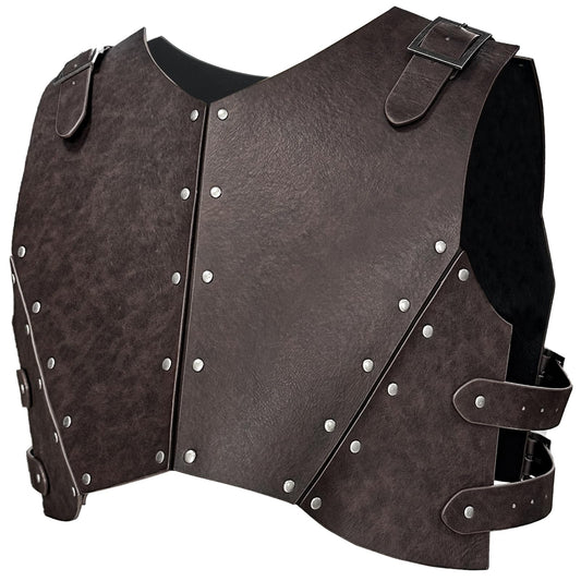 HiiFeuer Armure de poitrine médiévale en faux cuir, Retro Mercenary Knight Archer Body Armor, Armure de poitrine ajustable pour costume LARP& Ren Faire (Marron foncé B)