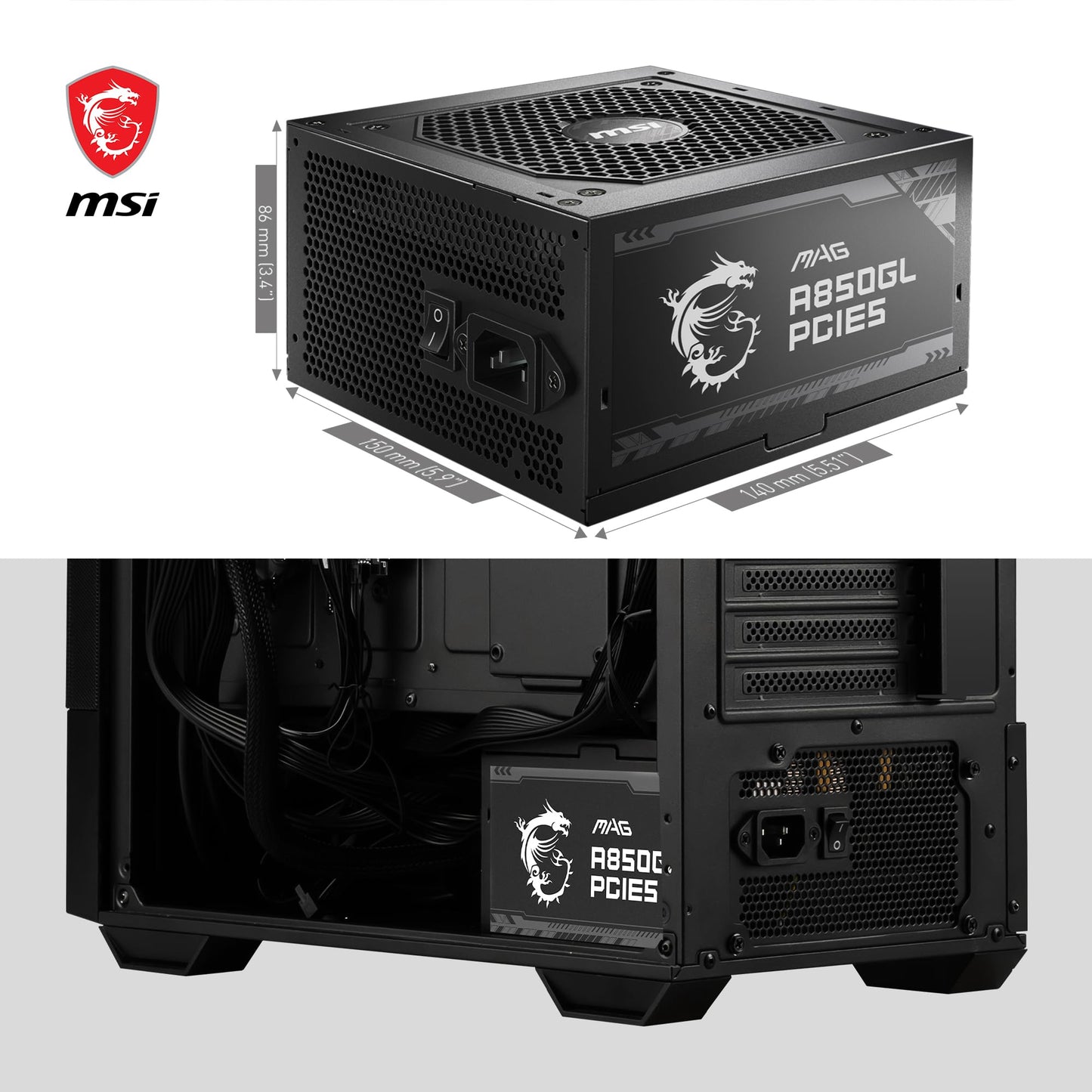 MSI MAG A850GL PCIE5 Alimentation, 850W, 80 Plus Gold, Entièrement modulaire, ATX 3.0, Support GPU PCIe 5.0, Ventilateur FDB 120mm, Full-Bridge LLC, câbles Plats Noirs - Garantie 7 Ans