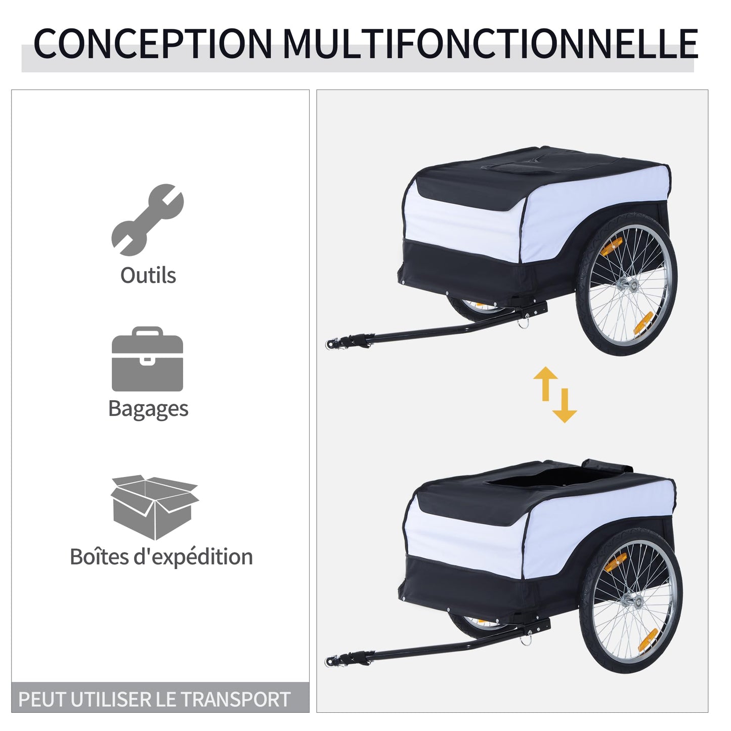 HOMCOM Remorque à vélo Cargo, châssis en Acier, Charge Max. 40 kg, avec Couvercle Amovible et attelage, Chariot de Transport, Bagage à vélo, 140 x 77 x 65 cm