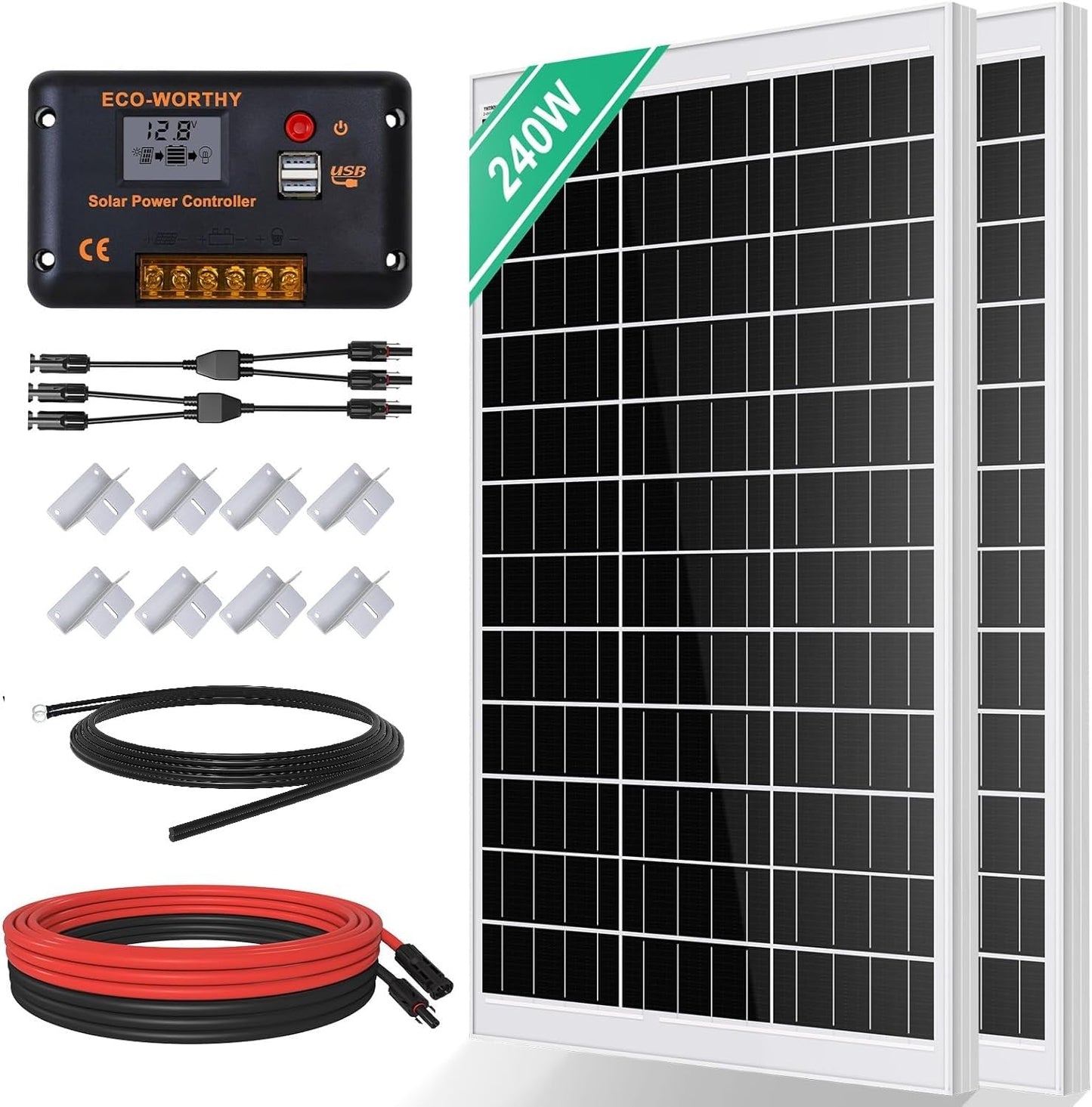 ECO-WORTHY Kit Panneau Solaire 240W avec Panneau Solaire 12 V + Régulateur de charge30 A + câble de 5 m + pinces de fixation Z pour camping-car, caravane, maison