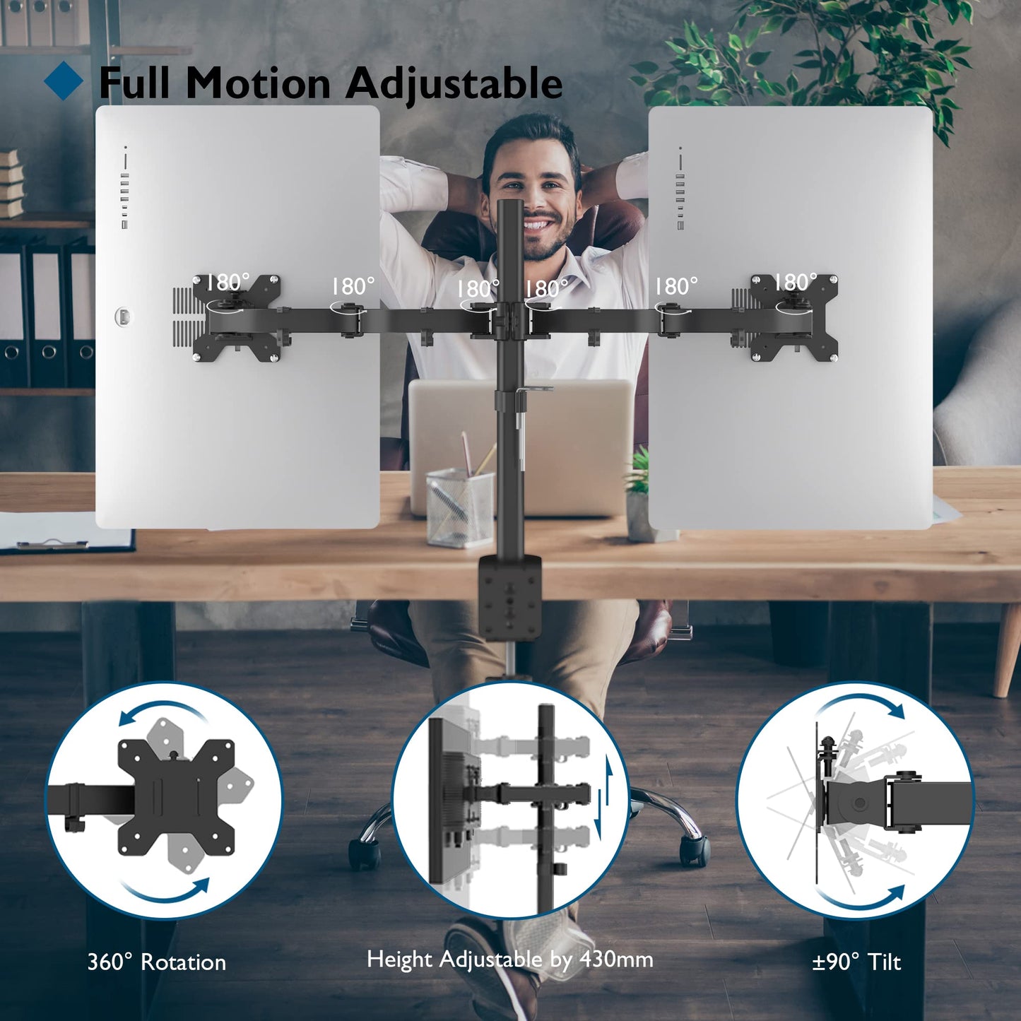 BONTEC Support Ecran PC 2 Ecran pour Moniteurs de 13-27 Pouces, Bras Ecran PC Réglable en Hauteur, Inclinable, Rotatif et Pivotant, Poids Max 10KG, VESA 75/100