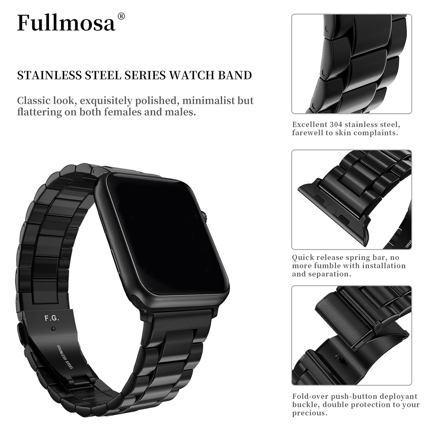 Fullmosa Compatible avec Bracelet Apple Watch 42mm/44mm/45mm en Acier INOX Compatible pour Bracelet apple watch Se Se 2 Series 9/8/7/6/5/4/3/2/1(Noir,42mm/44mm/45mm)