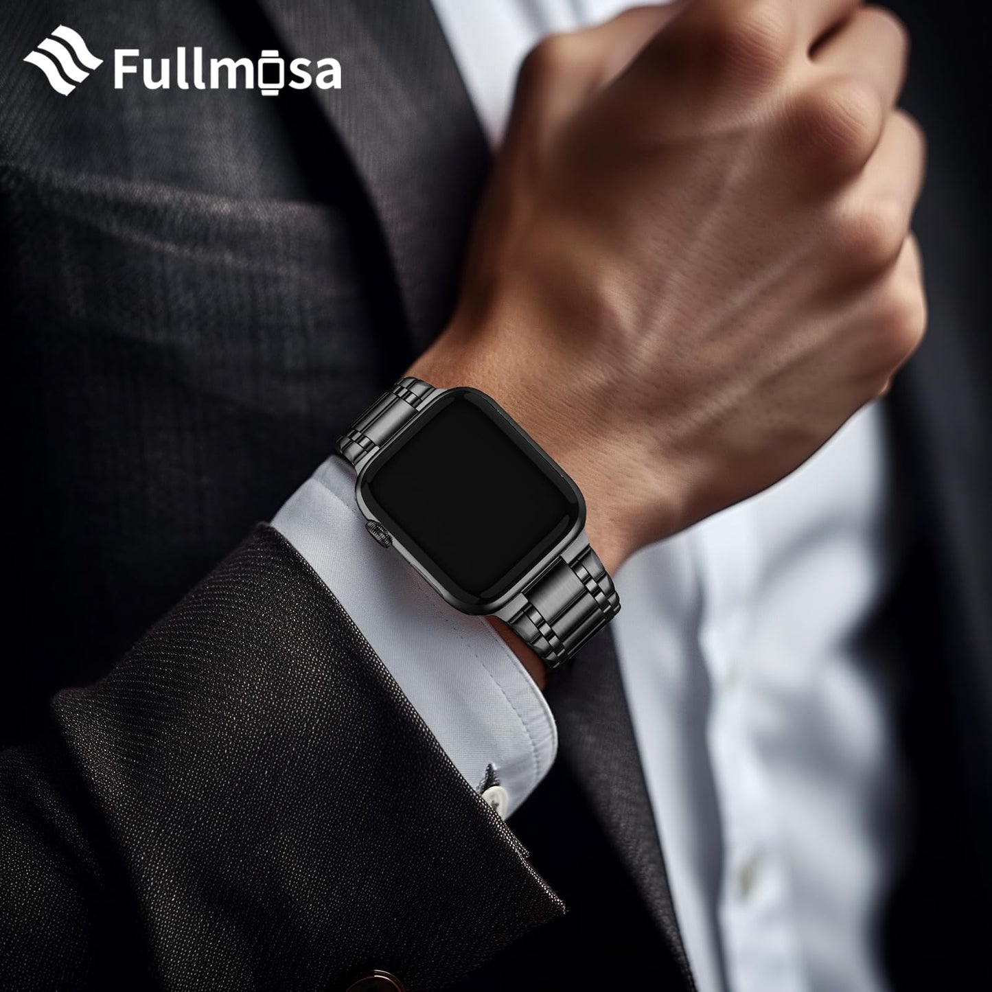 Fullmosa Bracelet en Acier Inoxydable Compatible avec Apple Watch 45/44/42mm pour Femme Homme Bracelet de Remplacement avec étui de protection en TPU pour série SE/SE2 9/8/7/6/5/4/3/2/1 Noir