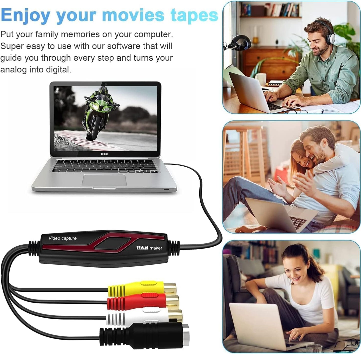 VIXLW Vidéo Capture - Convertisseur vidéo pour RCA vers USB - Convertisseurs VHS VCR Hi8 Mini DV en numérique - pour PC, TV, Lecteur de Cassette, caméscope, Mac OS X ou Windows