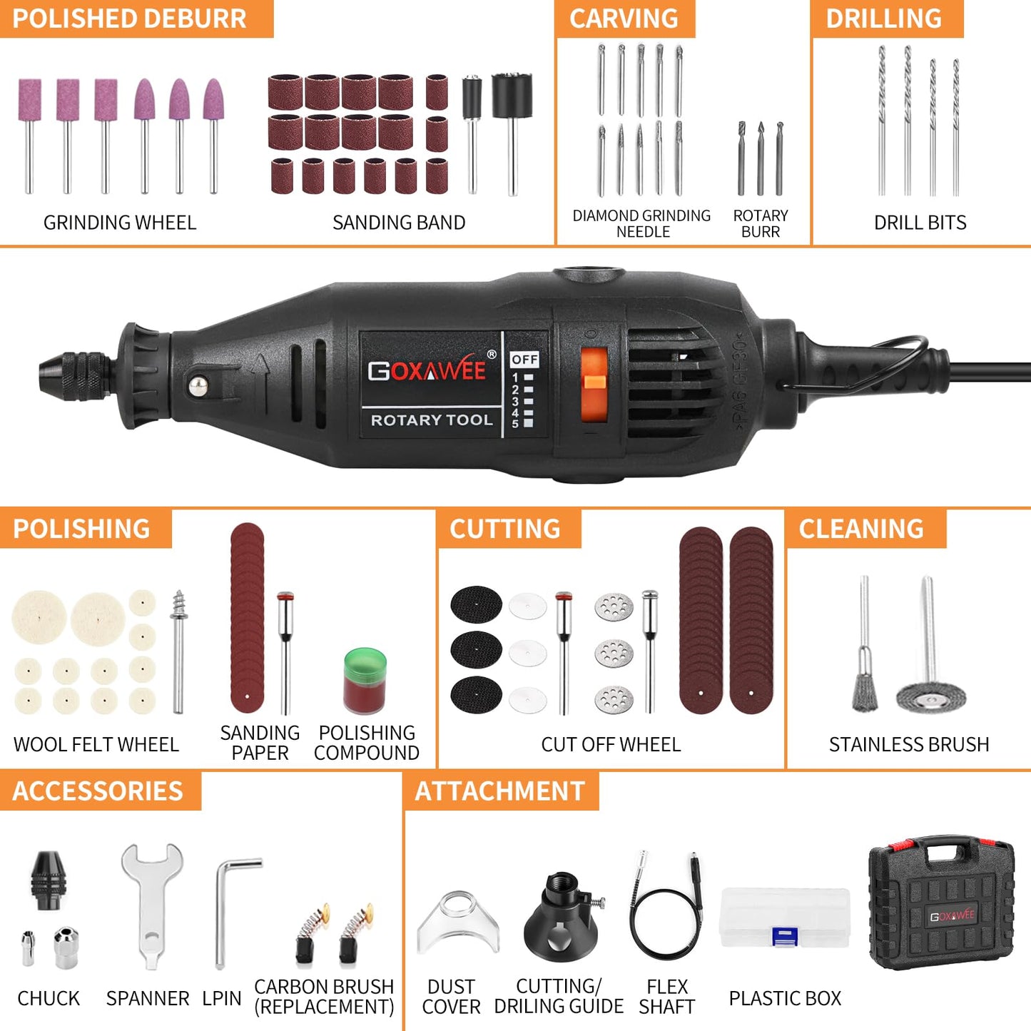 GOXAWEE 130W Outils Rotatifs Multifonction, Vitesse Variable 8000-30000 tr/min, Kit Outil Rotatif électriques Avec 140 Accessoires pour Découper, Poncer, Percer, Sculpter, Polir, Graver, Meuler