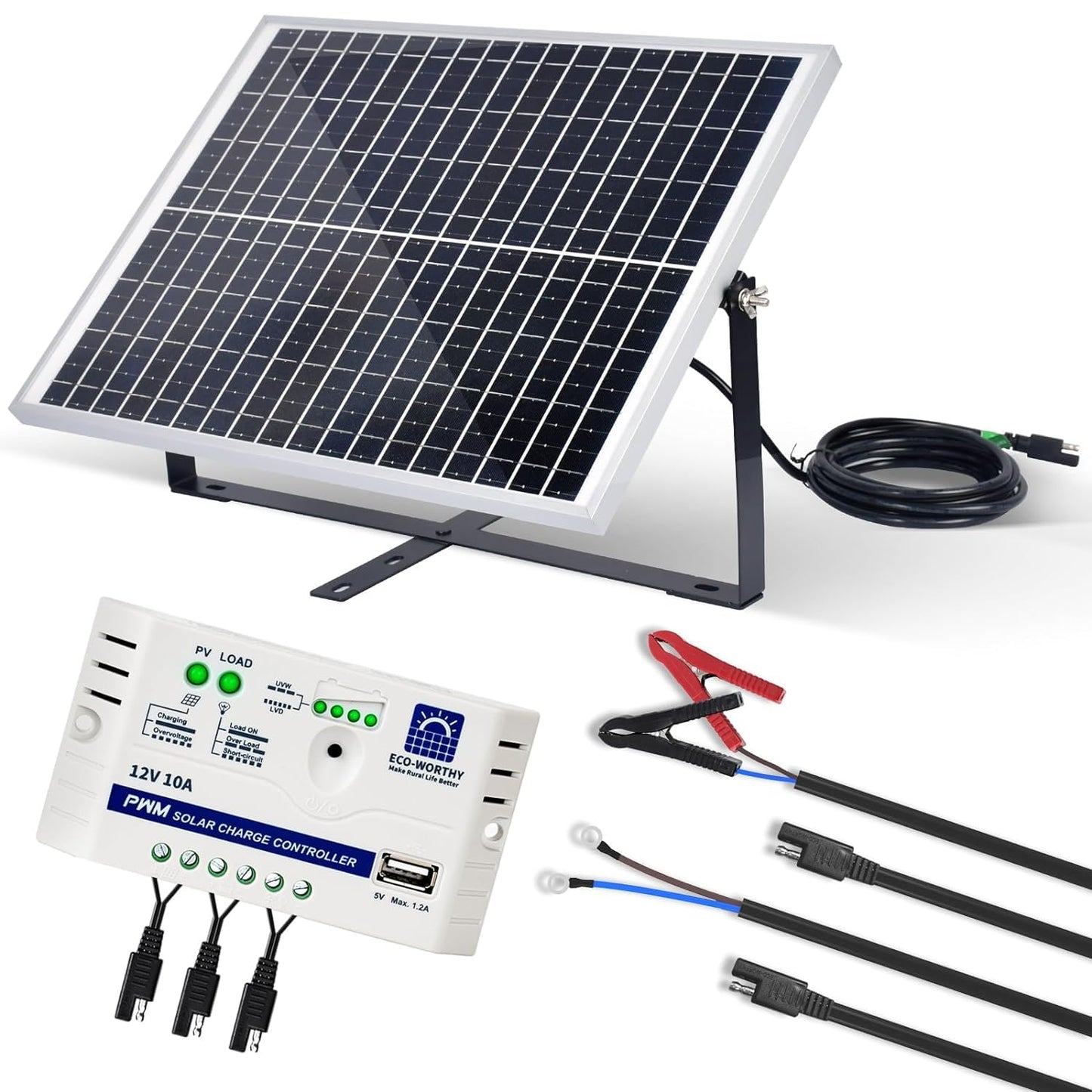 ECO-WORTHY Kit Panneau Solaire 25W 12V MONO : 25W Panneau Solaire + Support de Montage + Câble de connexion SAE + Contrôleur de charge 10A pour voiture RV Marine Boat