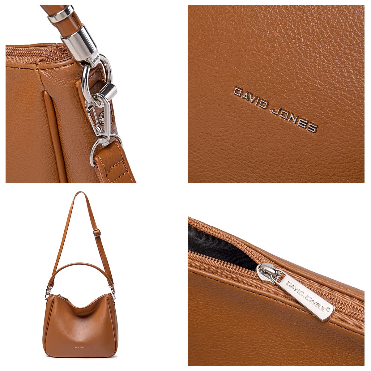 David Jones - Sac Bandoulière à Main Hobo Femme - Simili Cuir PU - Cabas Fourre-Tout Taille Moyenne avec Poignée Anse Longue - Mode Ville Classique Pratique Elégant - Marron Cognac