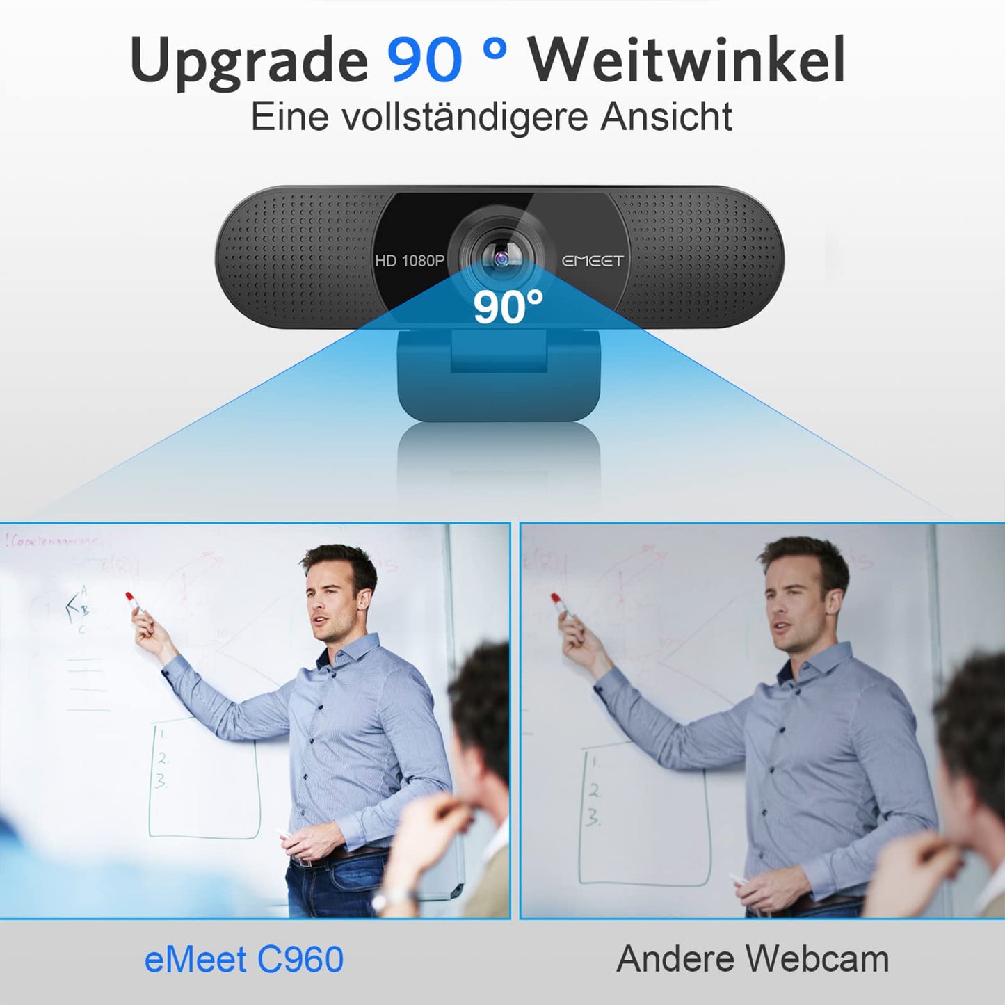 eMeet Webcam 1080P- Webcam C960 Full HD avec Double Microphone, Paramètres réglables, Grand Angle 90 ° avec Correction Automatique, Plug & Play, caméra de Streaming pour Linux, Win10, Mac, Youtube