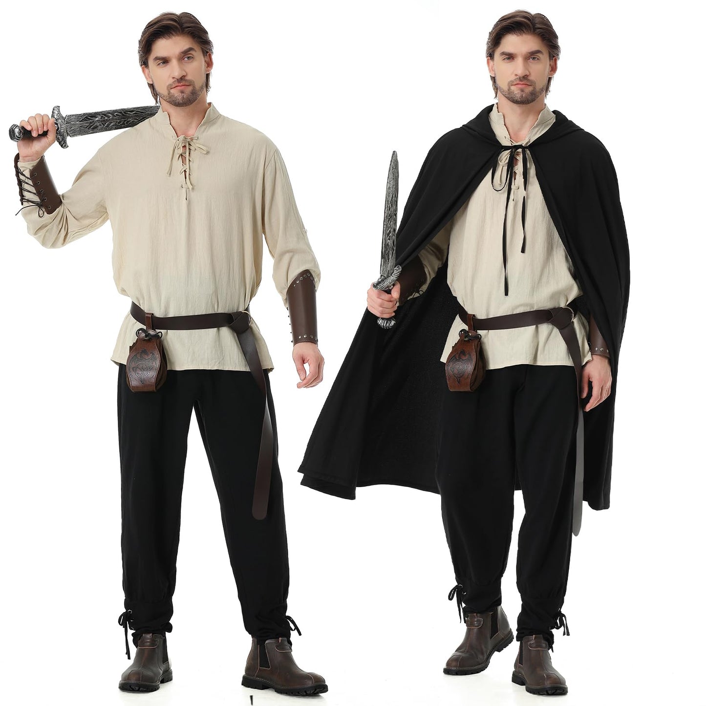 Dzorim 9Pcs Costume Medieval Homme Vêtements Médiévaux Costume pour Hommes Deguisement Medieval Viking Pirate Homme Costumes Renaissance pour Hommes avec Chemise, Pantalon