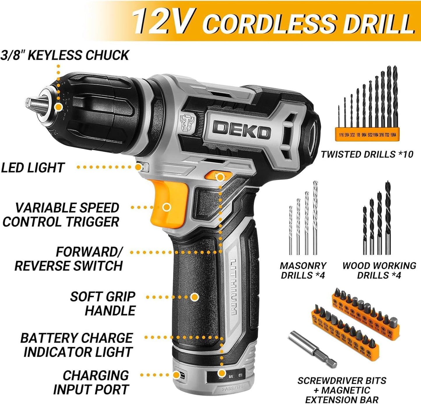 boite a outils complete 133 pièces - DEKO PRO Mallette à outils grise pour réparations domestiques et bricolage, avec perceuse visseuse électrique 12 V pour percer et serrer/desserrer les vis