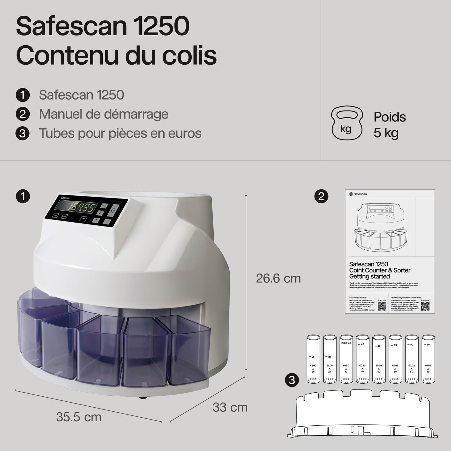 Safescan 1250 EUR compteuse de monnaie qui compte et trie rapidement les pièces en euros mélangées-Trieuse monnaie qui trie les pièces par dénomination - Monnayeur pour un comptage continu des pièces