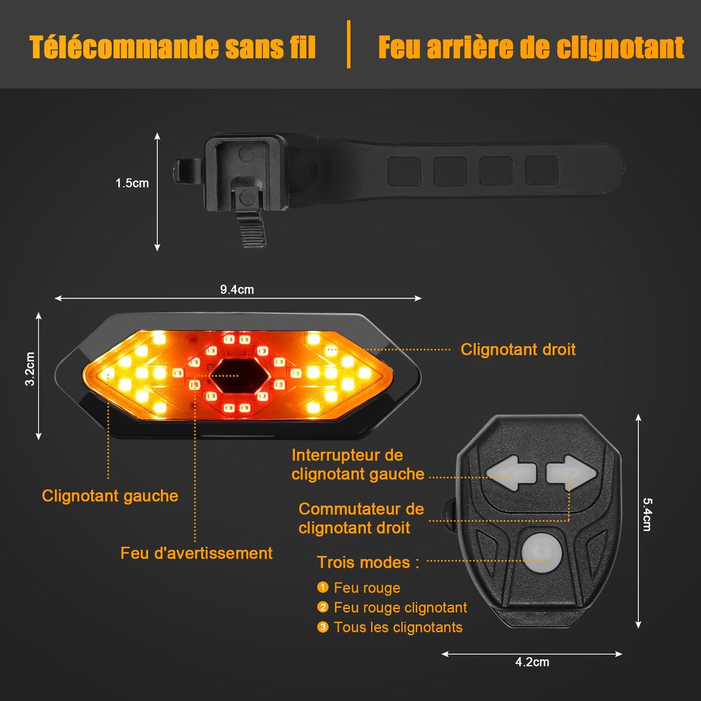 Feu arrière de vélo avec Clignotant, feu arrière de vélo télécommandé sans Fil, Rechargeable par USB à 5 Modes et étanche, feu arrière de vélo avec Clignotant et Son