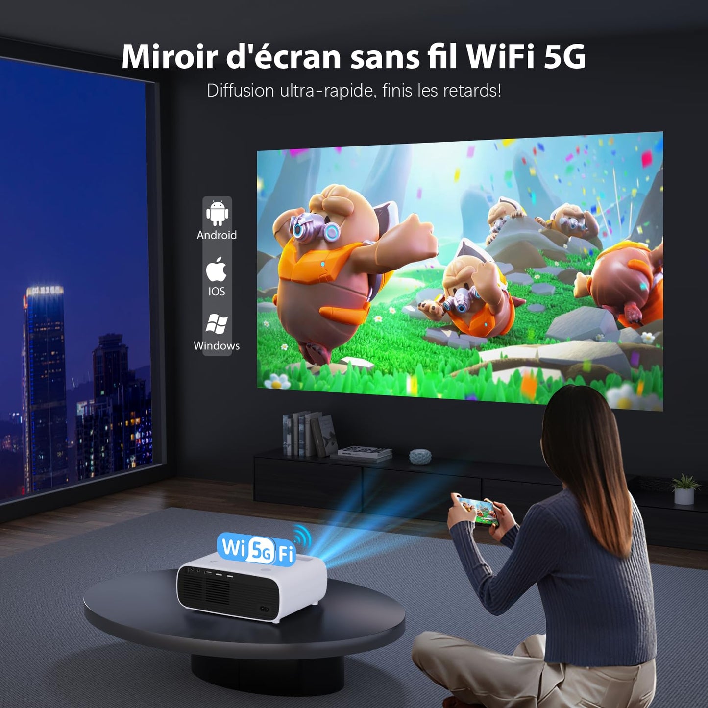 2025 Nouveau Mini projecteur, Videoprojecteur Full HD 18000 lumens, Retroprojecteur résolution 1080P, supporte la 4K, avec Bluetooth et WiFi, Compatible iOS/Android / PS5(Noir)