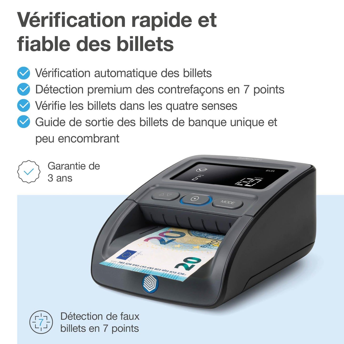 Safescan 155-S - Détecteur automatique de faux billets qui vérifie les billets dans quatre positions avec une précision de 100 % - Pour plusieurs devises, 112-0668