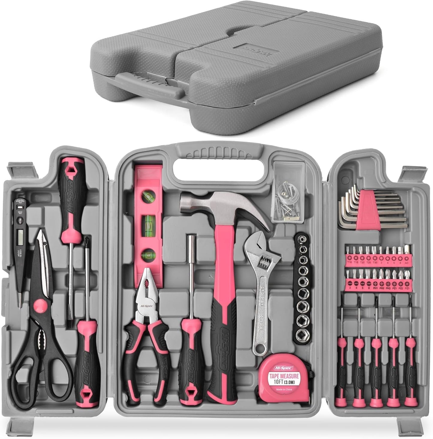 Hi-Spec Boite a Outils Complete Rose 56 Pièces - Ensemble d'Outils avec Boite de Rangement - Marteau,Ciseaux,Tournevis,Clés Allen et Kit d'Outils - pour Usage Domestique ou du Travail