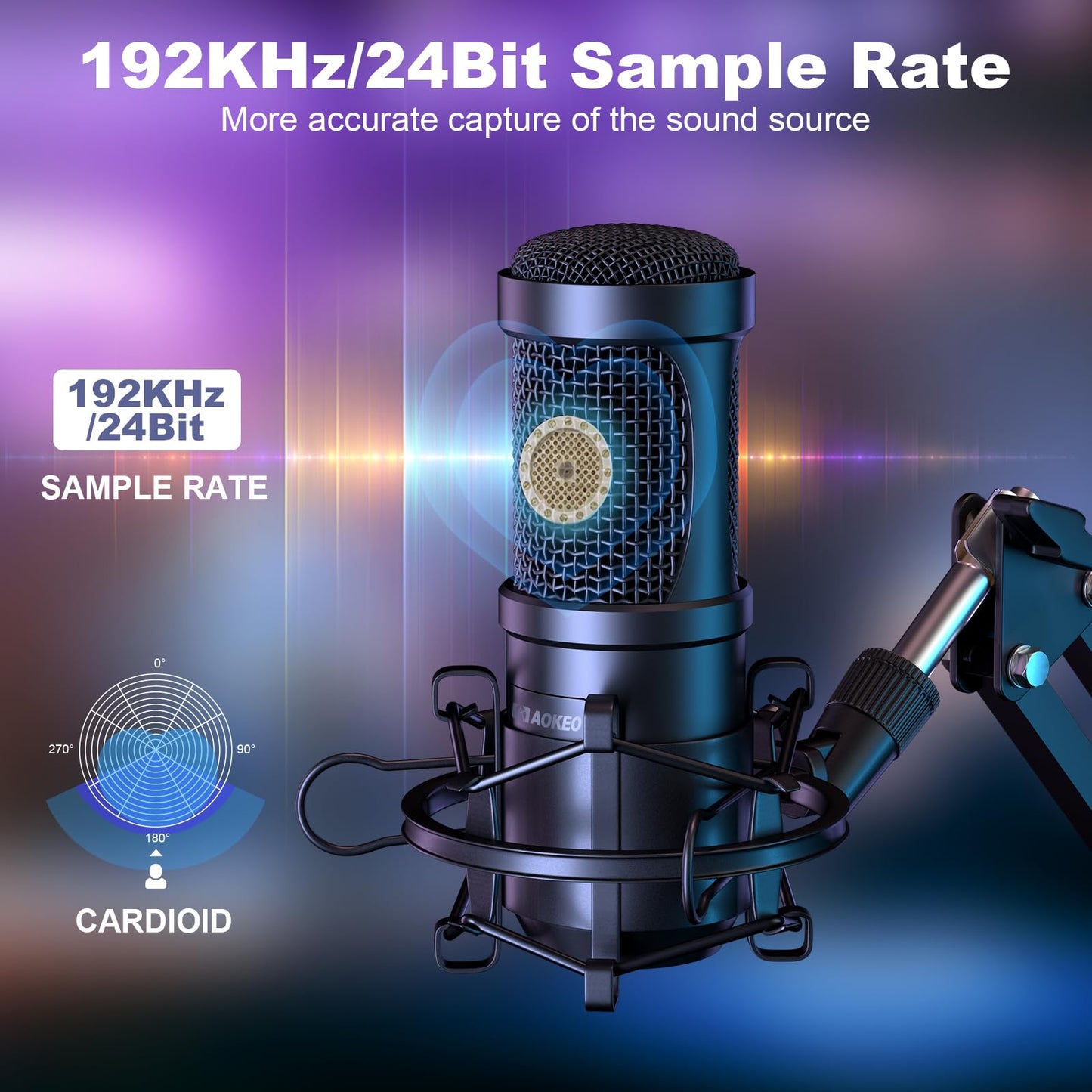 Aokeo AK-60 Professional Studio Diffusion en Direct Enregistrement Microphone à condensateur avec Support de Bras de Microphone, Montage Antichoc, Filtre Anti-Pop, Carte Son USB