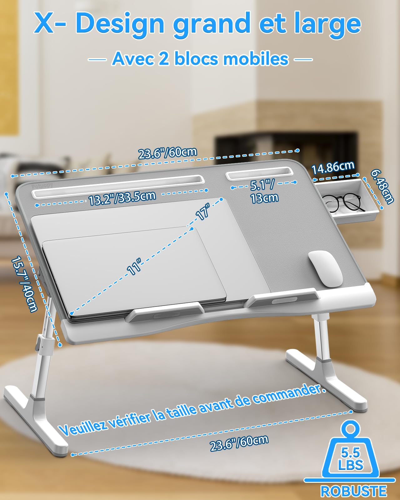 Table de lit, Potuopy Support Ordinateur Portable Lit Pliable à Hauteur réglable en Cuir, Grand Table lit pour Travailler, Lire et Manger sur Le Sol du canapé (Gris, 60 * 40cm)