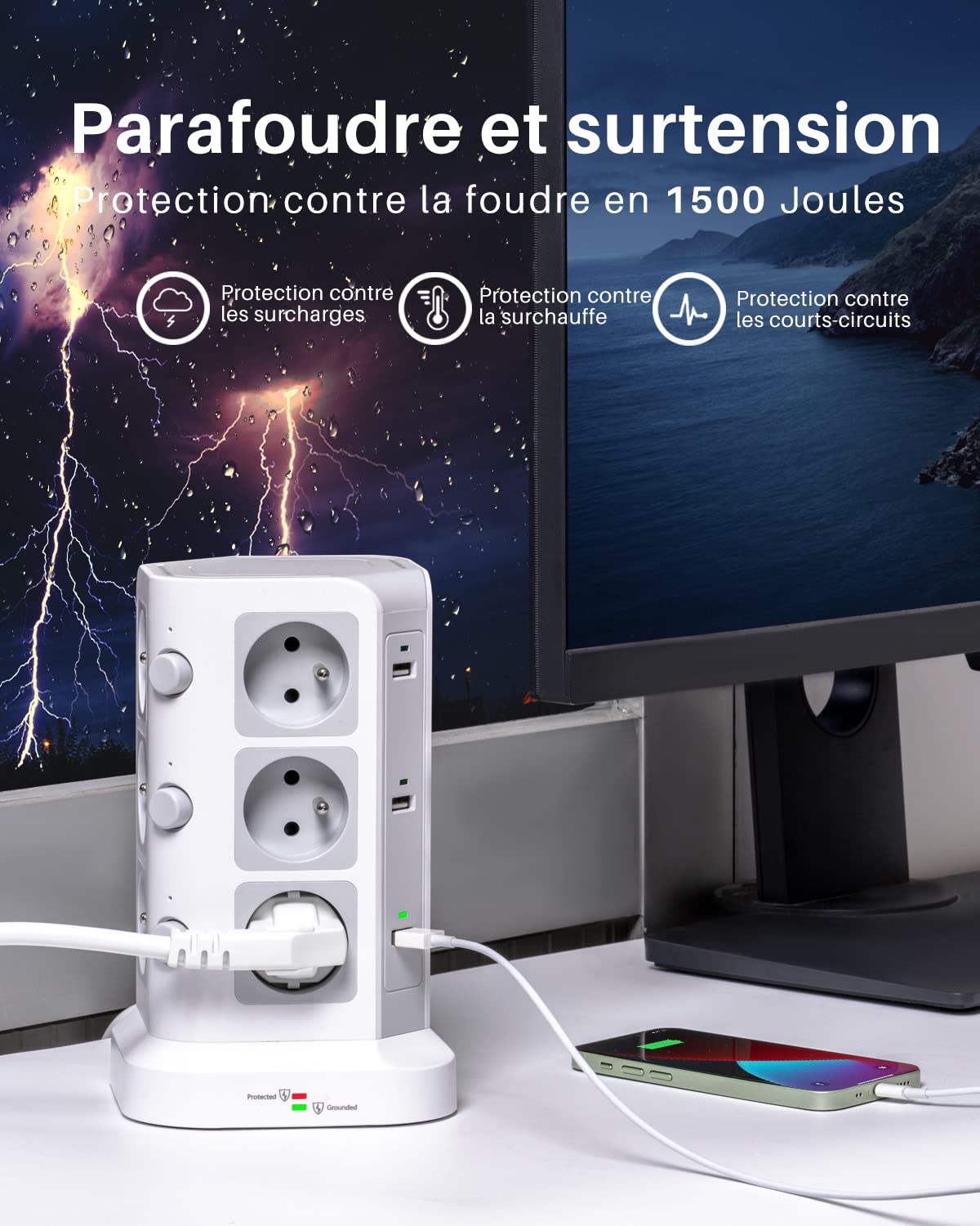 KOOSLA 12 Prises 2P+T de Type-E (France) Tour Multiprise avec 6 Ports USB(4000W/16A), Multiprise Electrique parafoudre et surtension, 3 Interrupteur Individuel, 2M Câble, Blanc