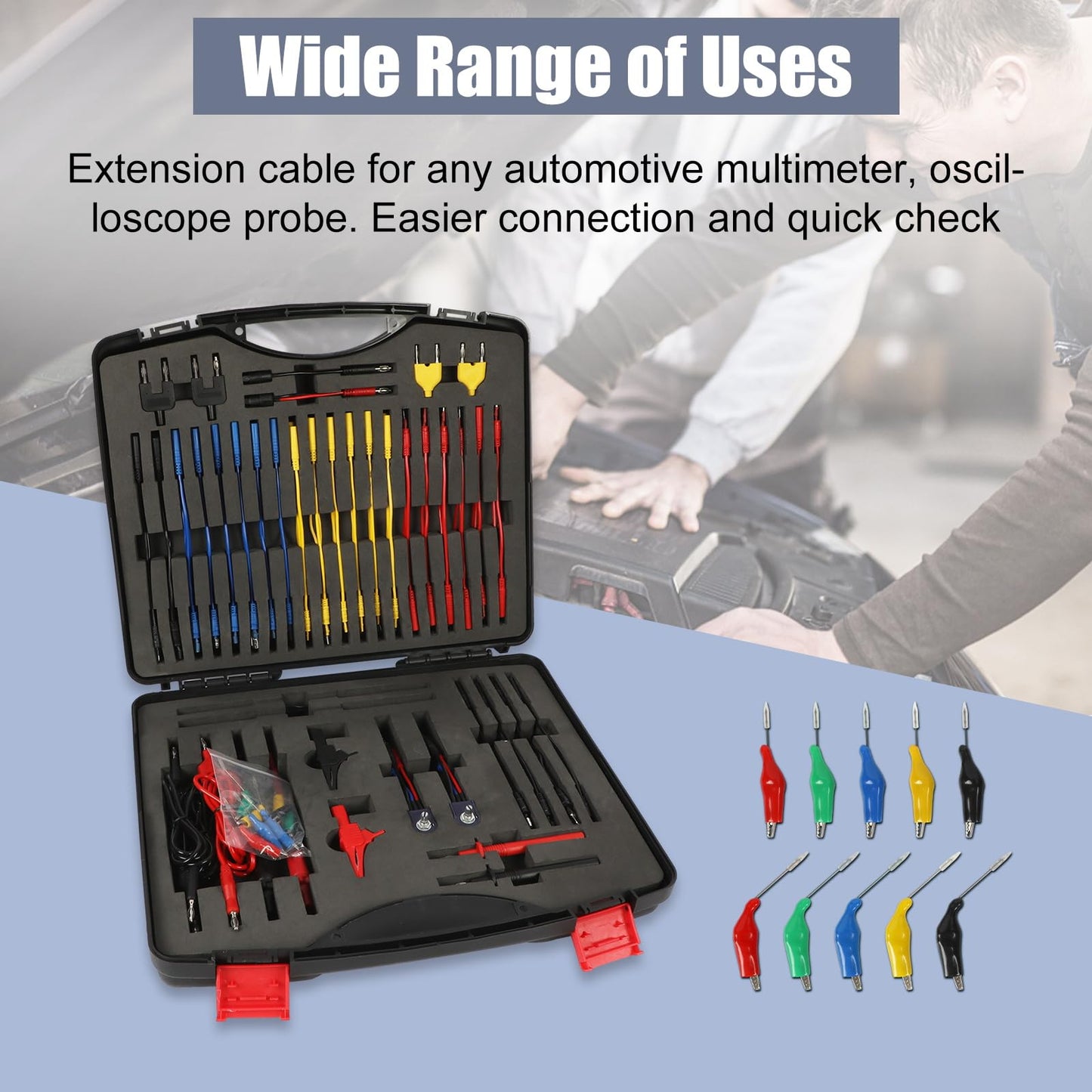 Kit de Câbles de Test pour Multimètre Électrique - BELEY 104Pcs Fils de Test de Bornes de Circuit Automobile avec Pinces Crocodiles 45°, pour le Diagnostic des Systèmes Électriques