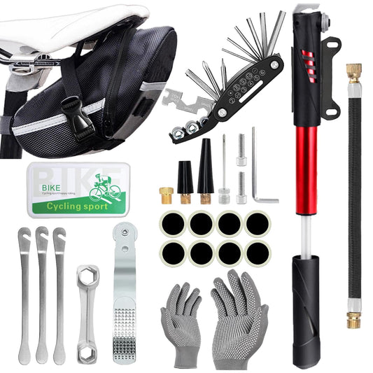 DERERSTE Kit d'outils de réparation de vélo & Pompe à Pneu de vélo, Home Bike Tool Portable Patches Fixes, gonfleur, Entretien pour Le Camping Travel Essentials Tool Bag (Rouge)