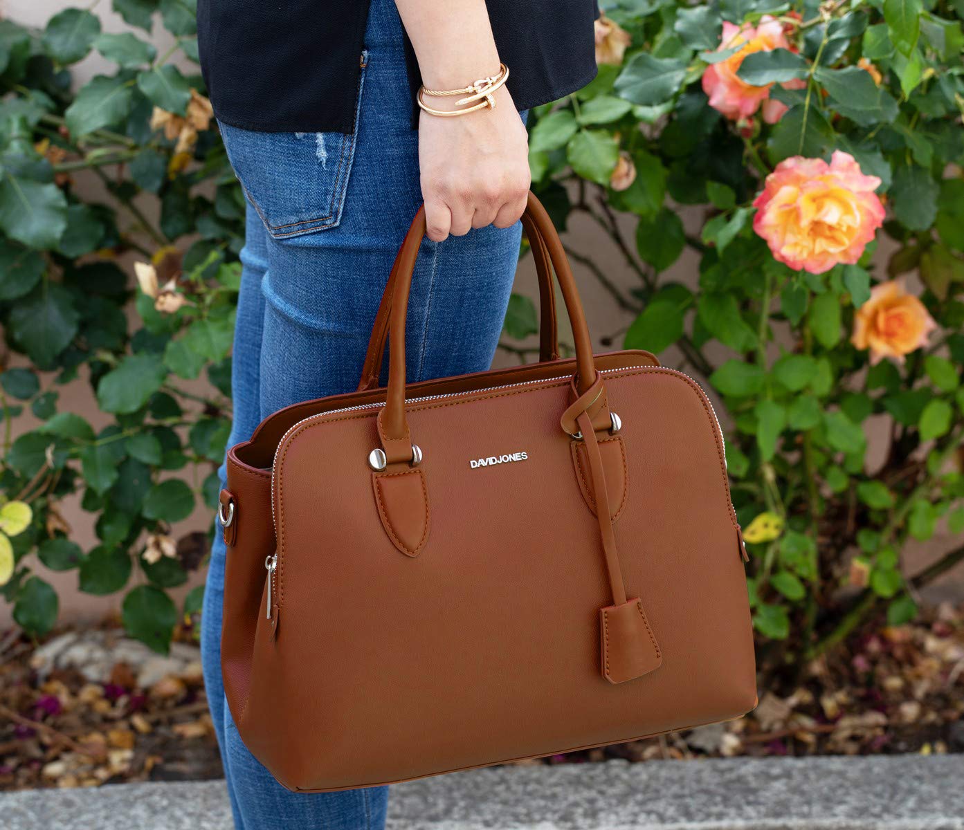 David Jones - Sac à Main Femme Bugatti - Cuir PU Porté Epaule Bandoulière - Multi Poche Plusieurs Compartiments - Travail Elégant Classique Chic Dame - Marron Camel