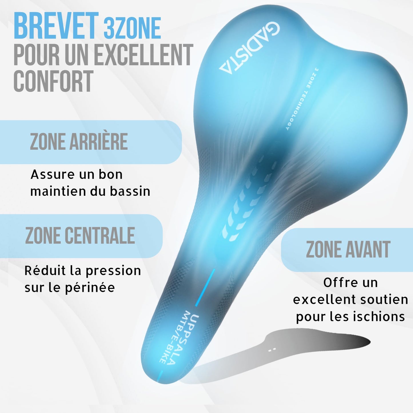 GADISTA France, Selle Velo Uppsala, Selle de Velo Ultra Confortable Fait Mains en Italie avec Technologie brevetée 3ZONES, Selle VTT VTTAE Gravel étanche pour Hommes Femmes avec Design Ergonomique