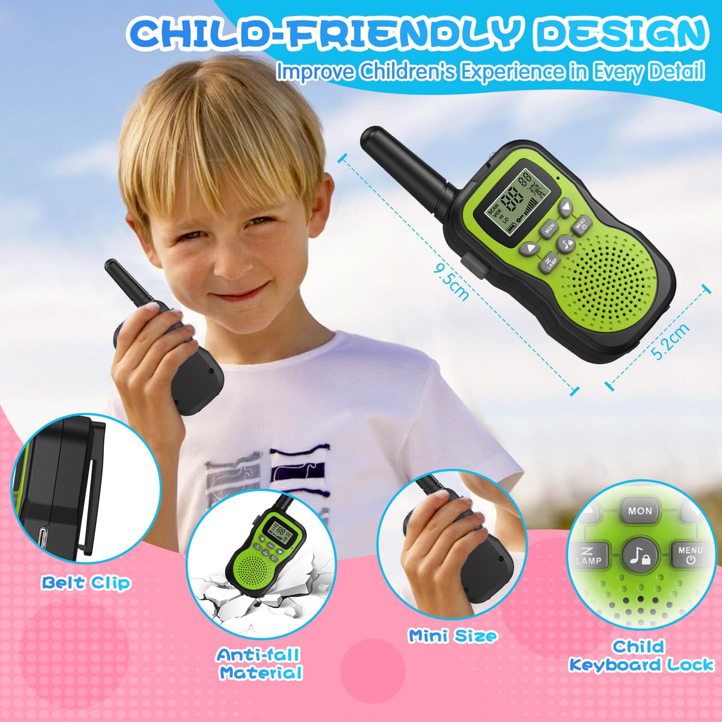 Talkie Walkie Enfants Rechargeable, Apkezel Talkie Walkie Longue Portée 3 KM avec Batterie 1000mAh, Ensemble de 3 Talki Walki avec Lampe de Poche VOX pour l'extérieur, Le Camping, La Randonnée