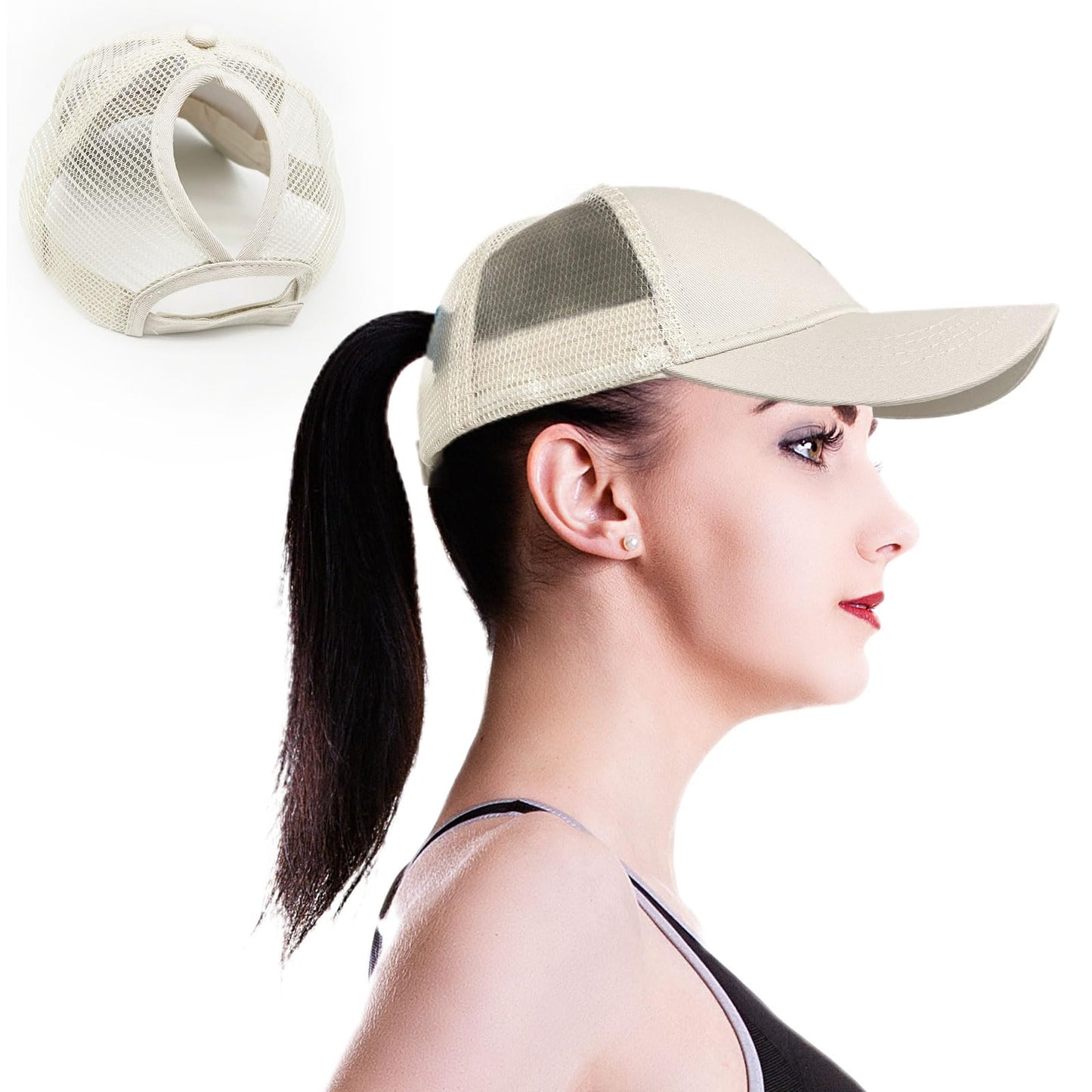 FUIPVGI Casquette de Baseball Femme Queue de Cheval été Réglable Casquette Femme, Maille Respirante Casquette Running Chapeau Soleil pour Running Golf Cyclisme (FR/ES, Numérique, 54, 60, Beige)