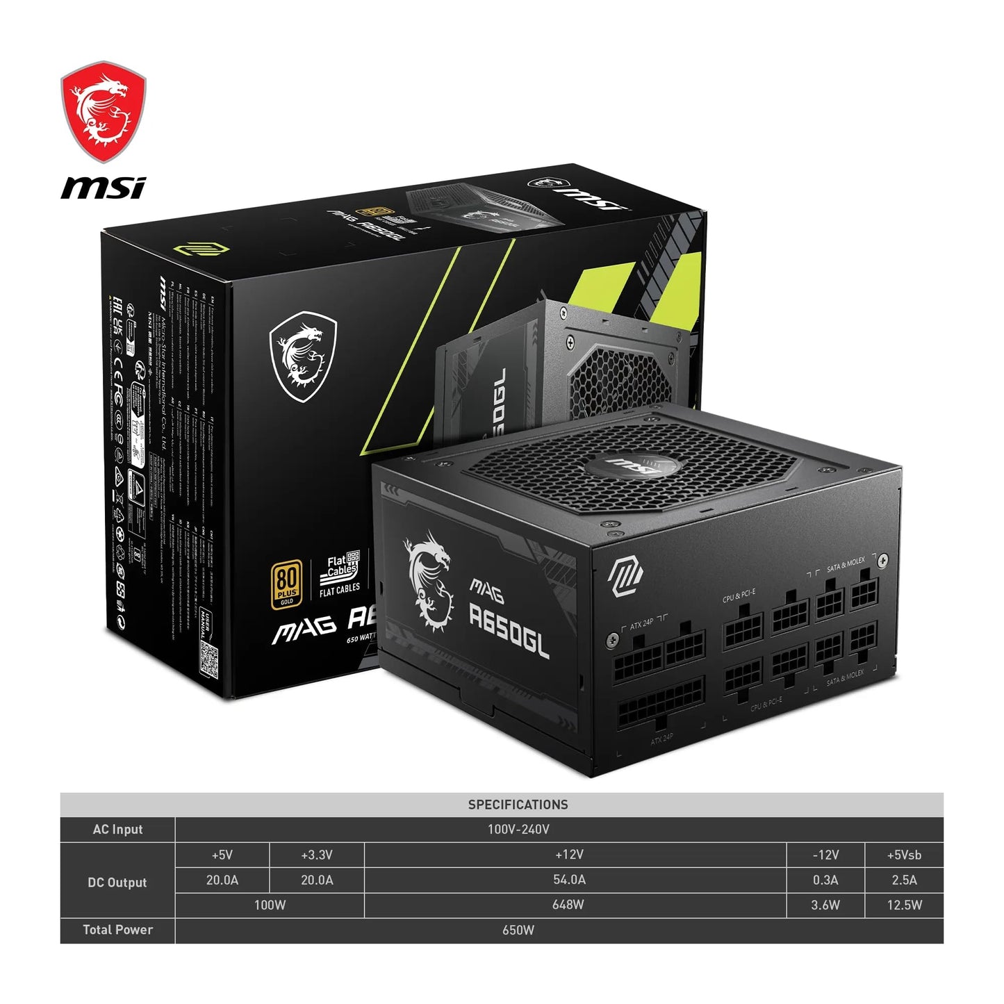 MSI MAG A650GL Bloc d'alimentation, 650 W, 80 Plus Gold, entièrement modulaire, Ventilateur FDB 120 mm avec roulement à Billes Dynamique, Full-Bridge LLC, câbles Plats Noirs