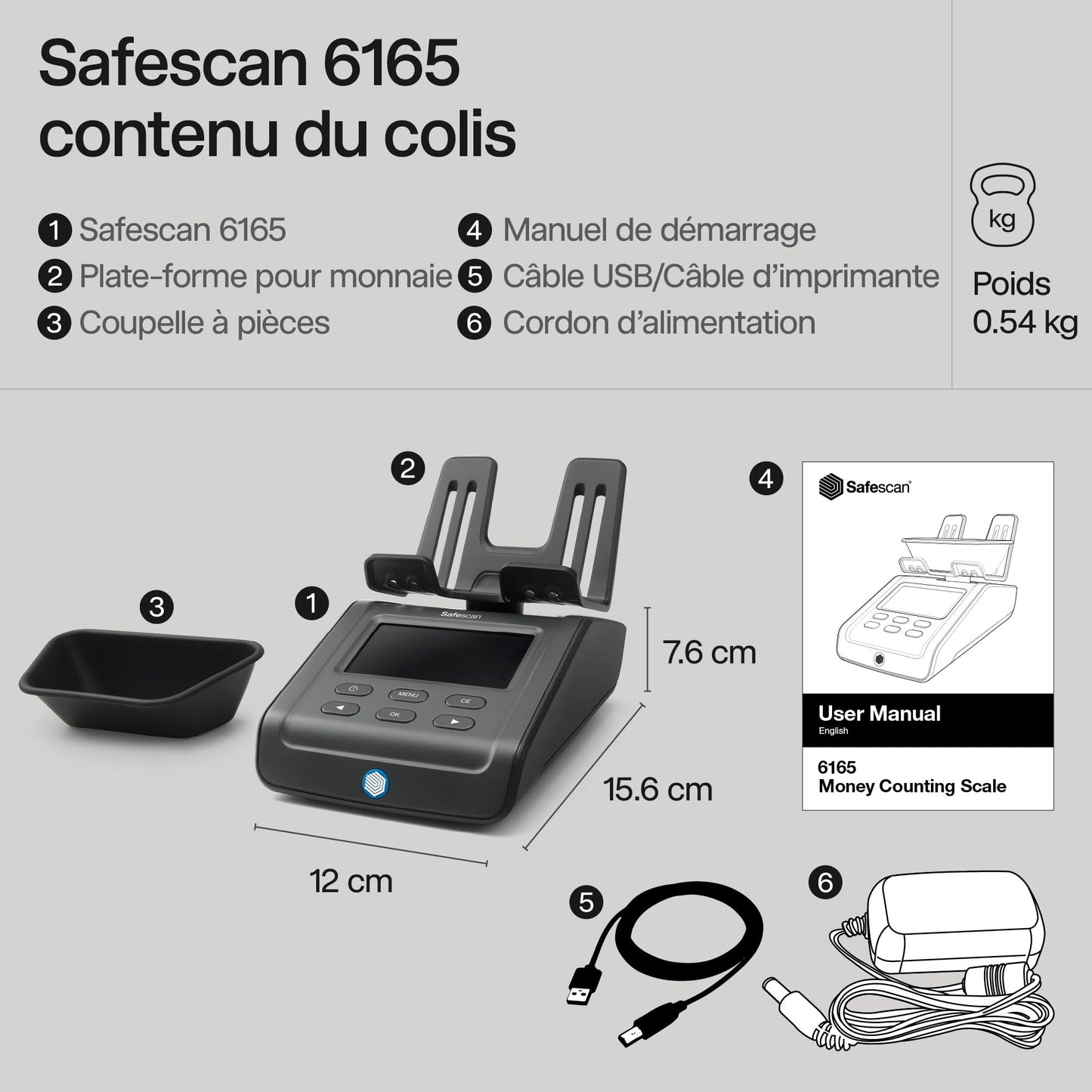 Safescan 6165 compteuse valorisatrice pour pièces et billets - Compteuse de pièces avec reconnaissance automatique du rouleau de pièces - Balance pour un comptage rapide et facile du tiroir-caisse